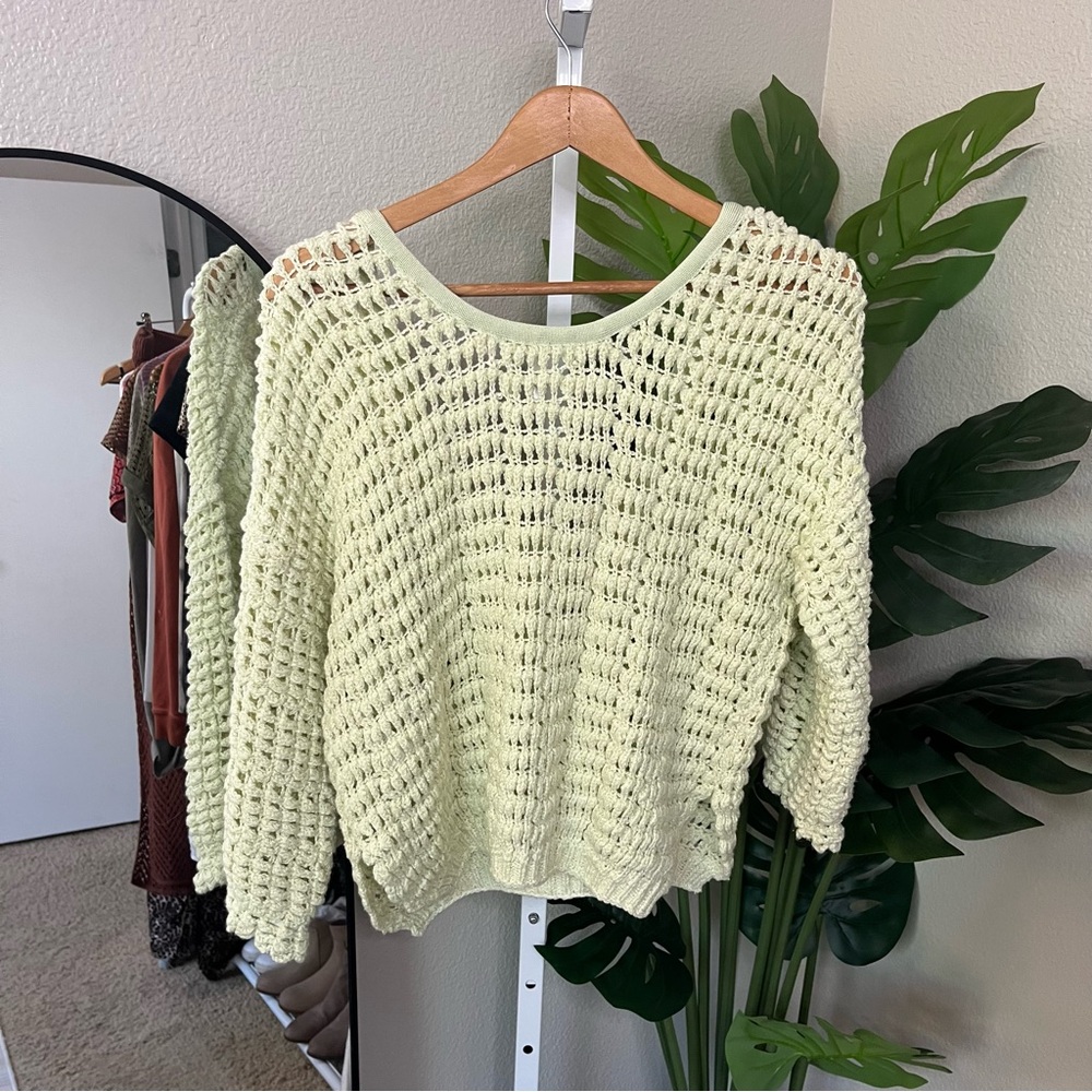 ✨ Free People Green Knit V-Neck Sweater S | Slouchy Boho Open Weave Pullover - Picture 5 of 5